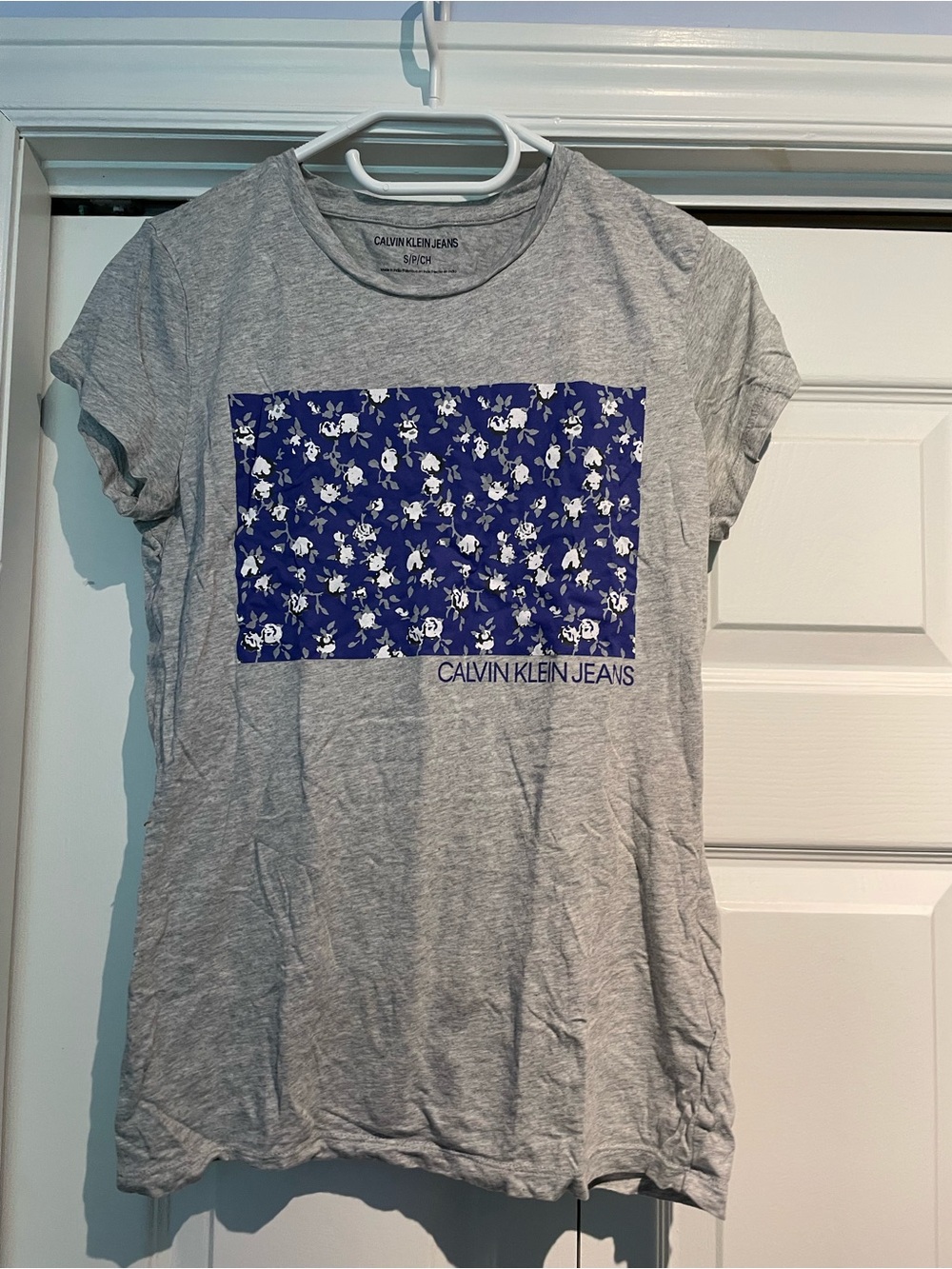 Calvin Klein Jeans Gray Tee with Blue Floral Chest Panel